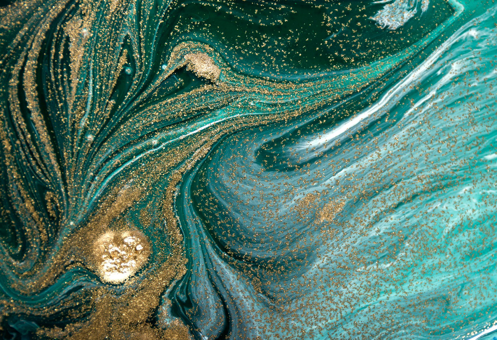 Marbled Green Abstract Background with Golden Sequins. Liquid Marble Ink Pattern.